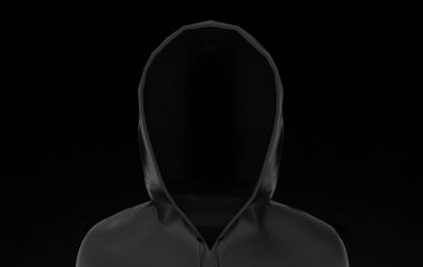 3D görüntüleme. Siyah arka planda izole edilmiş kırpma yolu olan siyah başlıklı ceket. Cadılar Bayramı korkusu ya da görünmez suç kavramı.