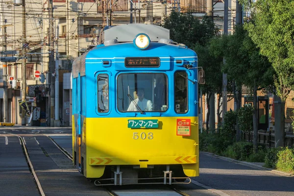 2017 Říjen09 Ósace Japonský Retro Vlak Tramvaj Hankai Pobíhající Městě — Stock fotografie