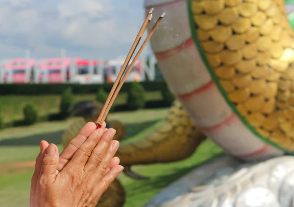An older human hand holding incense to pray with the god in asian belief.