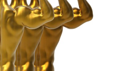 3D görüntüleme. Beyaz arka planda Altın Kas Oluşturma heykel sırasının arka planı.