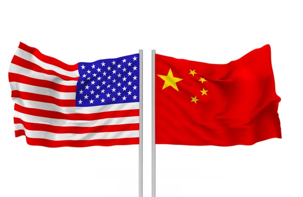 3D渲染 飘扬的美中国旗 剪裁路径与白色背景隔离 — 图库照片