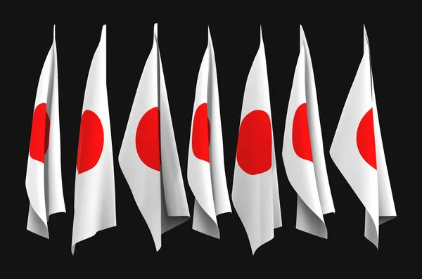 3Dレンダリング 黒を基調としたクリッピングパスで日本国旗をいくつか折り返す — ストック写真