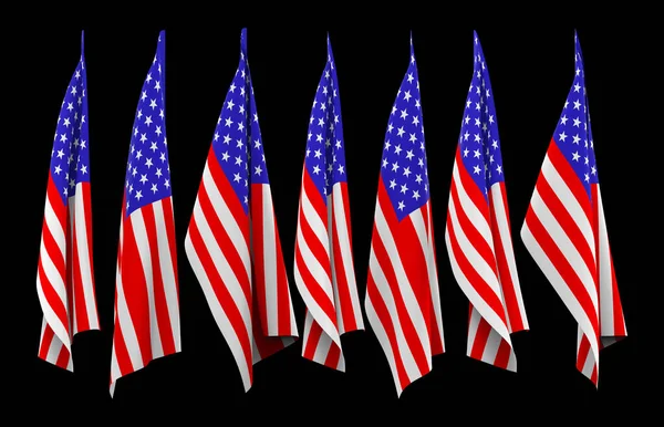 3d rendering. folding United State of America National flag pattern row with clipping path isolated on black background.