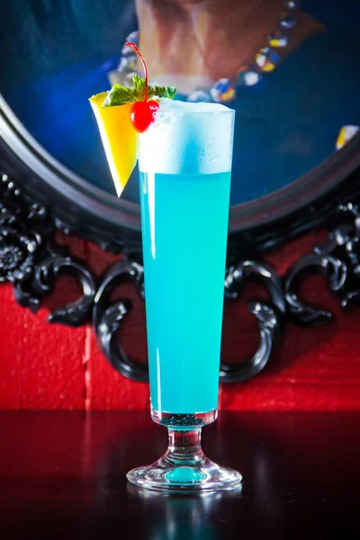 Blue Drink Cocktail Foam Decorated Pineapple Cherry Big Glass Background — Stock Photo, Image