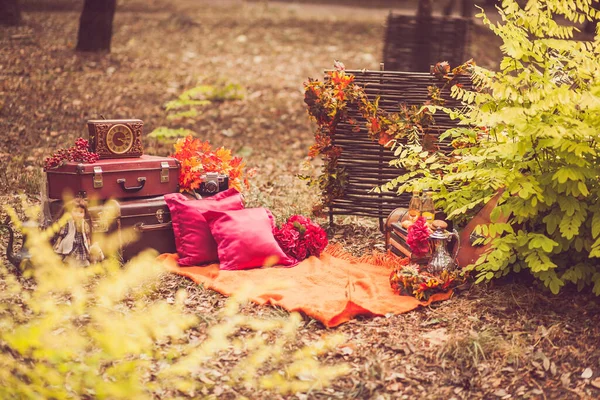 Herbstpicknick im Park. Antikes Dekor für ein Fotoshooting unter freiem Himmel. — Stockfoto