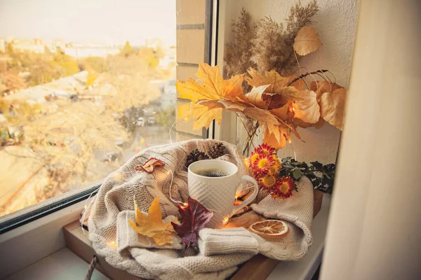 Cozy Autumn still life on the windowsill in the style of instagram.