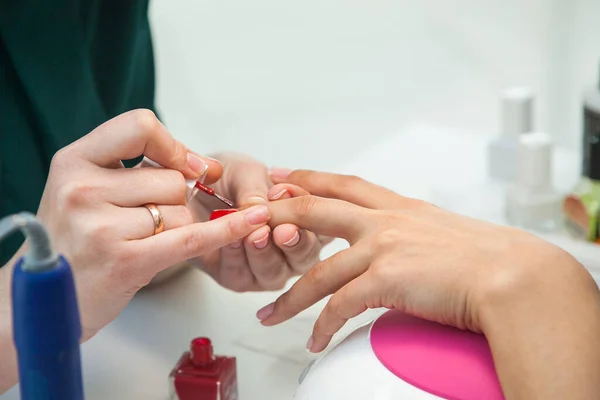 Gel polish design. Female master in the salon is painting with brush on the hands of the client. Beauty industry, creativity concept.