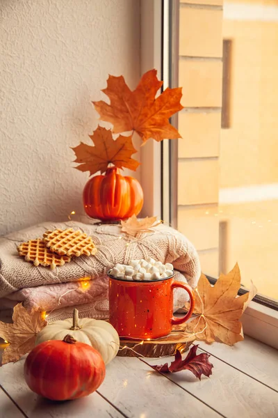 Gezellige Herfst Stilleven Vensterbank Warme Wol Truien Pompoenen Esdoorn Bladeren — Stockfoto