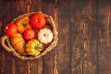 Tahta arka planda farklı türde balkabağı içeren sepet düz görünüm