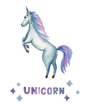 sulu boya pembe tek boynuzlu at illüstrasyon, masal kahramanlarıyla, büyülü hayvan