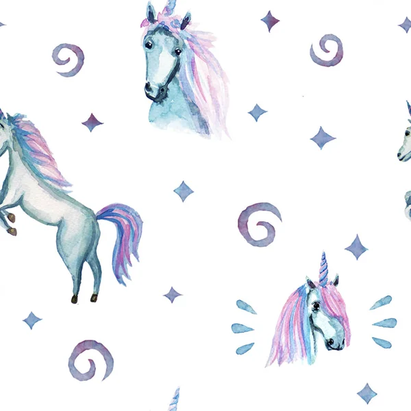 Isolated cute watercolor unicorn pattern. Nursery unicorns aquarelle.