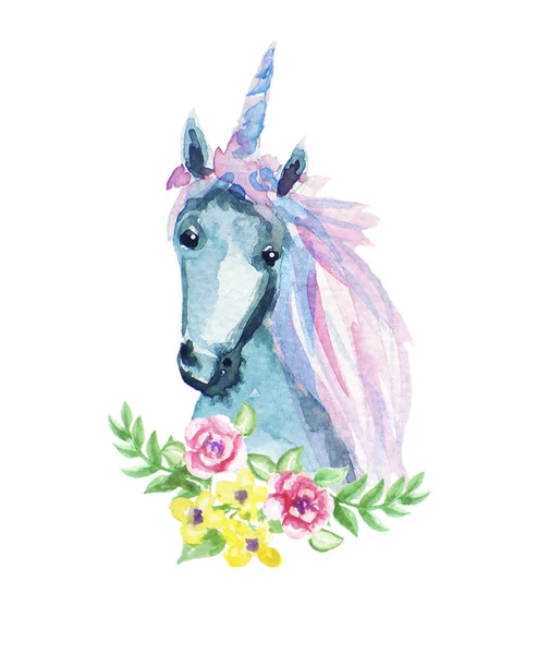 Ilustración floral animal de acuarela - unicornio con elementos de flores y plumas para bodas, aniversarios, cumpleaños, invitaciones — Foto de Stock