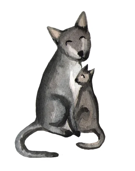 Roztomilý kočka obejme mámu kočku. Akvarelu ilustrace na bílém pozadí. Den matek karta. — Stock fotografie