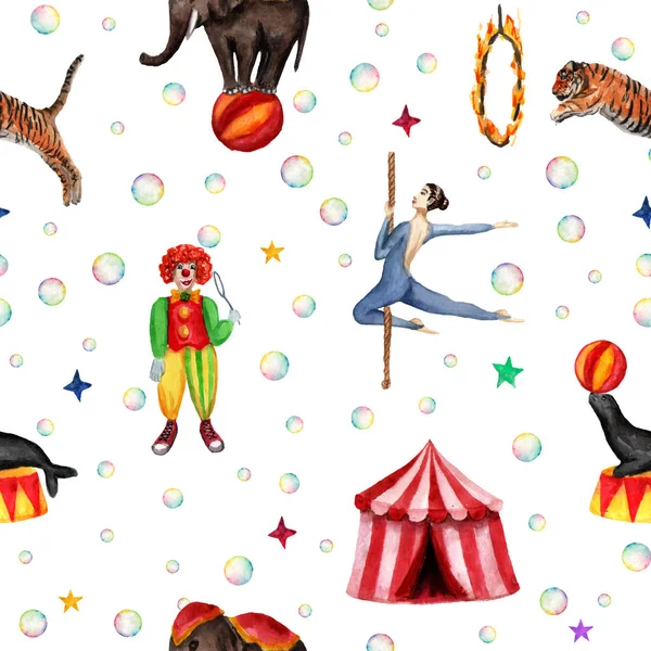 Modèle de cirque, éléphant, phoque, tigre, tente, clown, bulles de savon et acrobate. Illustration aquarelle sur blanc — Photo