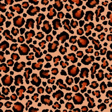 Leopar siyah kahverengi Dikişsiz arka plan. Suluboya el çizilmiş hayvan kürk cilt.