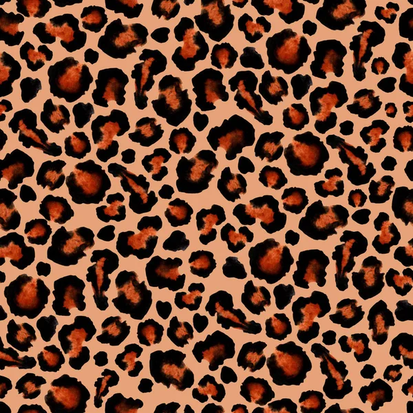 Leopardo preto marrom sem costura fundo. Pele de pele animal desenhada à mão aquarela . — Fotografia de Stock