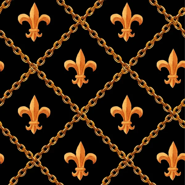 seamless pattern of golden elements of baroque rococo style and chains isolated on background