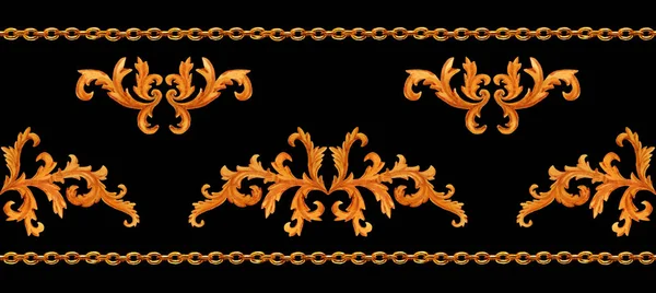 watercolor seamless horizontal pattern of golden chains and floral elements of baroque isolated on black background
