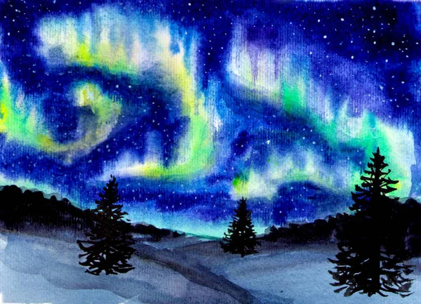 手绘水彩画景观与北极光。夜晚天空中的神秘光芒. — 图库照片