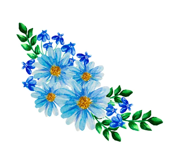 Aquarel bloem, blauwe bloemen illustratie, blad en knoppen, botanische samenstelling, achtergrond voor bruiloft wenskaart. — Stockfoto