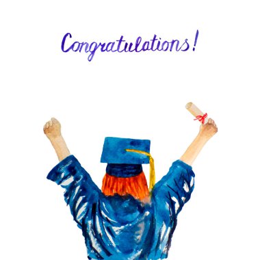 Suluboya yüksek lisans öğrencisi. Bir mezuniyet şapkası ve bir üniversite diploması ile manto el çizilmiş genç kadın. Kutlama resim illüstrasyon