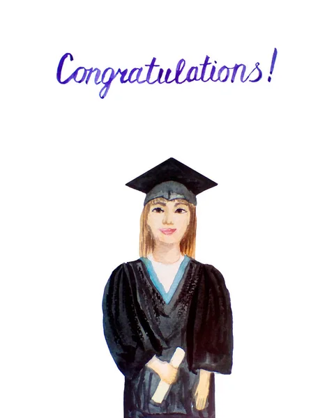 Estudiante graduado en acuarela. Mujer joven dibujada a mano con una gorra de graduación y un manto con un diploma universitario. Ilustración de la pintura de celebrar — Foto de Stock