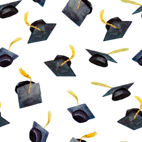 Modello senza soluzione di continuità di elementi ad acquerello per la laurea, tappi di graduazione disegnati a mano — Foto Stock