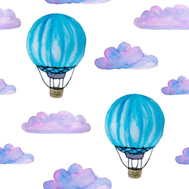 mavi sıcak hava balonları, bulutlar ve airship beyaz izole ile suluboya dikişsiz desen 