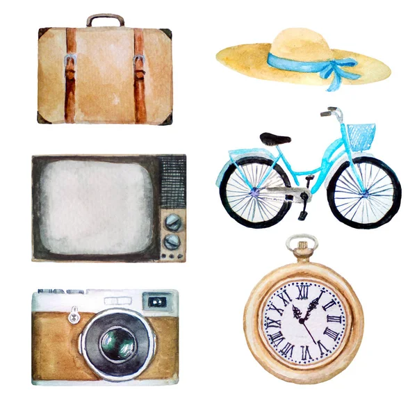 Akwarela ilustracja retro obiektów zabytkowych, stare ikony kapelusza, walizka, TV, rower, aparat fotograficzny, zegar kieszonkowy, izolowane na białym — Zdjęcie stockowe