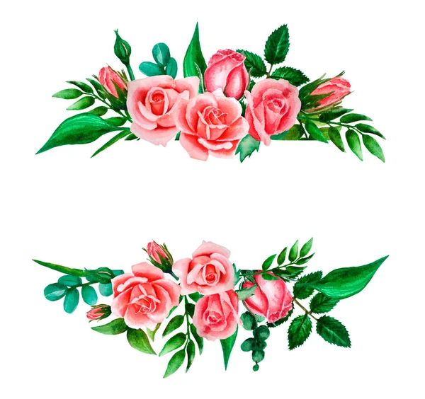 Composição aquarela brilhante de rosa, rosas de coral e folhas. Modelo para convites de casamento desenhados à mão, isolados em branco . — Fotografia de Stock