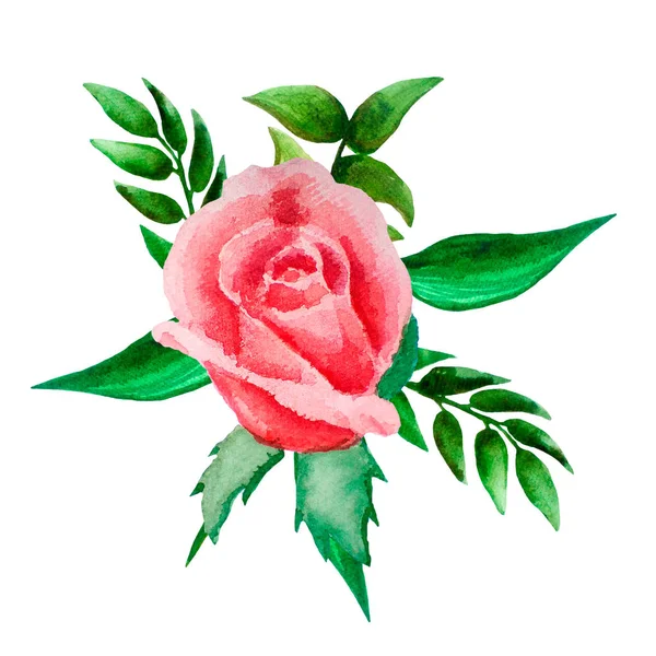 Warna air terang komposisi merah muda, bunga karang dan daun. Templat untuk undangan pernikahan gambar tangan, terisolasi di atas putih — Stok Foto