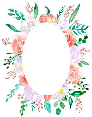 Suluboya çiçek çerçeve sınır - evlilik, yıldönümü, doğum günü, davetiyeler, romantik olaylar için çiçek illüstrasyon. beyaz arka plan üzerinde. Pastel renkler. 