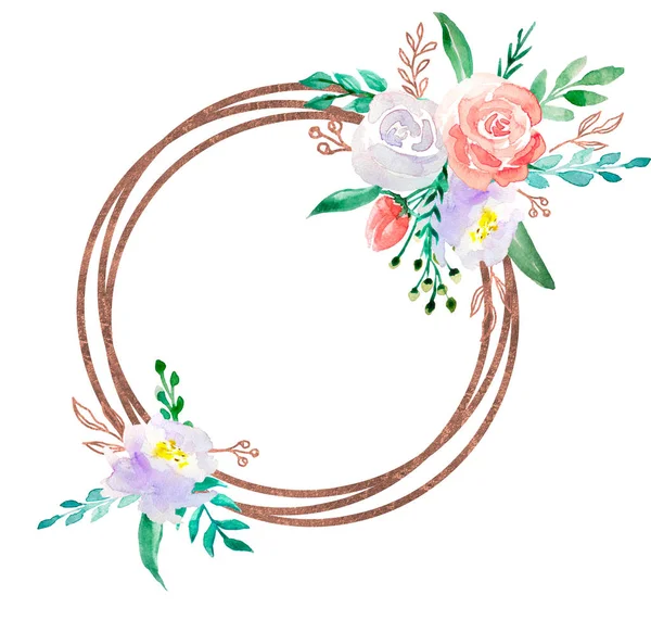 Aquarell florale Illustration - Blumenkranzrahmen mit goldener geometrischer Form, für Hochzeitspapier, Grüße, Tapeten, Mode. — Stockfoto