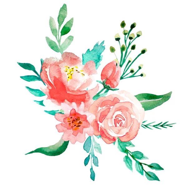 Bunga cat air. ilustrasi bunga, daun dan tunas. Komposisi botani untuk pernikahan atau kartu ucapan. Cabang bunga - mawar abstraksi, hidrangea — Stok Foto