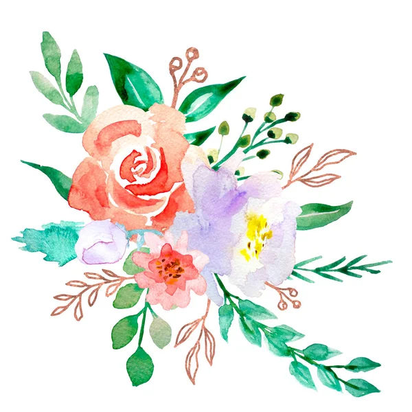Bunga cat air. ilustrasi bunga, daun dan tunas. Komposisi botani untuk pernikahan atau kartu ucapan. Cabang bunga - mawar abstraksi, hidrangea — Stok Foto