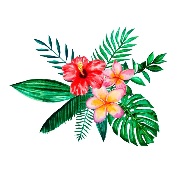 Uppsättning av akvarell handmålade tropiska blommor, löv och växter. Bright Jungle Exotic bouqoet perfekt för sommaren bröllop inbjudan och Party Card Making — Stockfoto