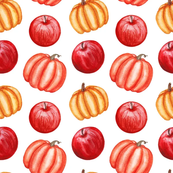 Watercolor autumn seamless pattern with pumpkin, apples isolated on white background.