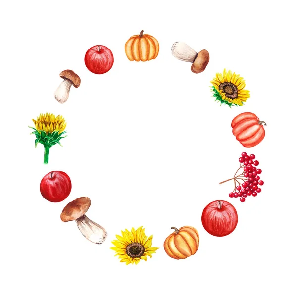 Rama z akwarelami grzyby, słoneczniki, dynie, jabłka, Viburnum. Jesienny, dekoracyjny wieniec do tworzenia kart zaproszeń — Zdjęcie stockowe