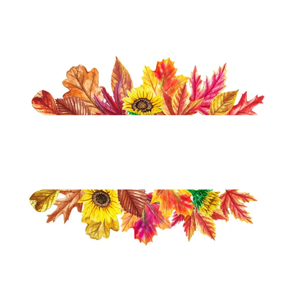 Akwarela jesienny banner z liści i słoneczniki izolowane na białym tle. Ilustracja na kartki okolicznościowe, zaproszenia ślubne, plakat kwiatowy i dekoracje. — Zdjęcie stockowe