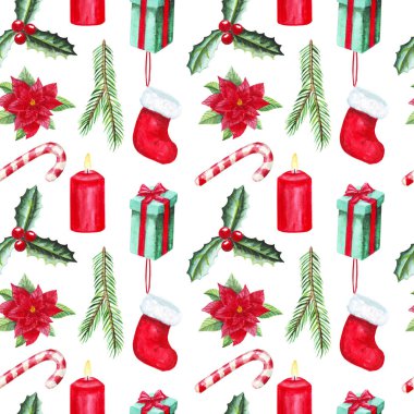 Lolipop ile suluboya dikişsiz desen, köknar dalları, Noel topu, yay, mum, holly, tarçın, kakule, poinsettia, koni