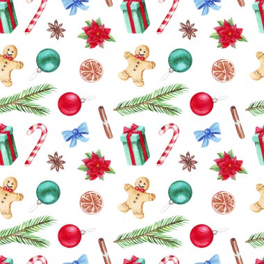 Lolipop ile suluboya dikişsiz desen, köknar dalları, Noel topu, yay, mum, holly, tarçın, kakule, poinsettia, koni