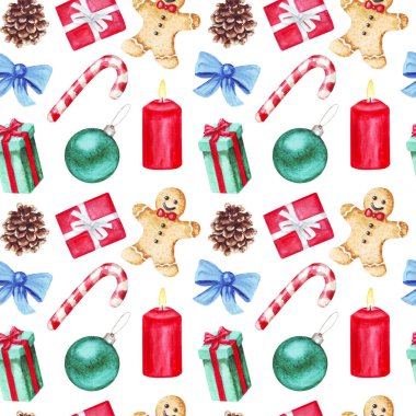 Lolipop ile suluboya dikişsiz desen, köknar dalları, Noel topu, yay, mum, holly, tarçın, kakule, poinsettia, koni