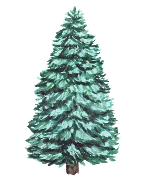 Aquarelle arbre de Noël vert sur fond blanc. Eléments isolés dessinés à la main pour impressions, cartes — Photo