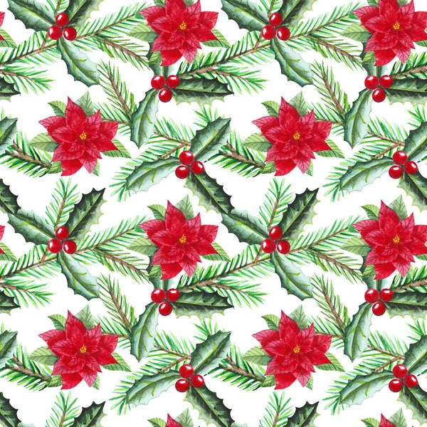 Watercolor seamless pattern with lollipop, fir branches, Christmas ball, bow, candle, holly, cinnamon, cardamom, poinsettia, cone — Stock Photo, Image