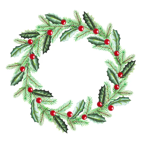 Traditional Christmas watercolor wreath floral whole round green hand painted with frame in circle arrangement for greeting card isolated on white — Stock Photo, Image