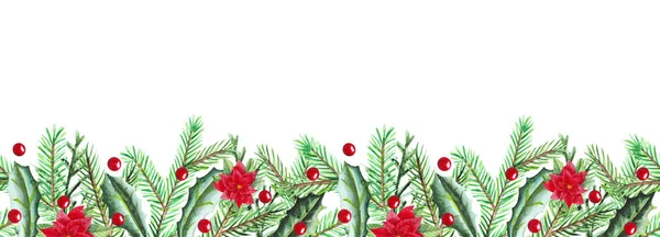 Christmas fir branches, holly, poinsettia border in watercolor style. Bright green and red frame for postcard, web design or post in social networks. — Stock Photo, Image