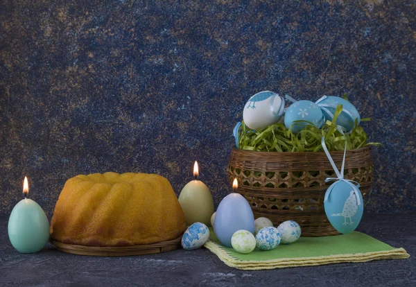 Easter Bread Blue Easter Eggs Basket Dark Stone Table — Stock Photo, Image