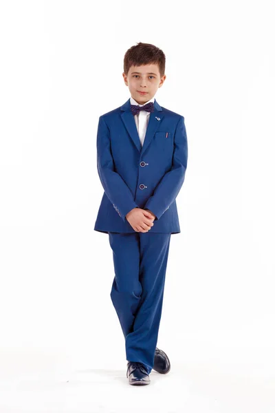Moda Infantil Menino Terno Elegante Gravata Borboleta Isolado Fundo Branco — Fotografia de Stock