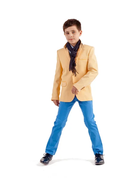 Elegante Ragazzo Giacca Gialla Pantaloni Blu Isolati Sfondo Bianco — Foto Stock