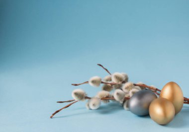 Altın ve gümüş Paskalya yumurtaları, mavi bir arka plan üzerinde söğüt dalları. Paskalya konsepti. Kopya alanı. Ön görünüm